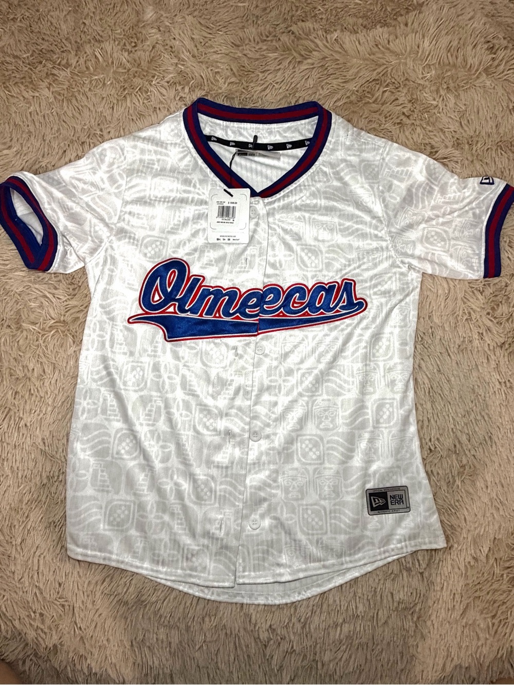 New Era White Olmecas Baseball Jersey with Blue & Red Trim